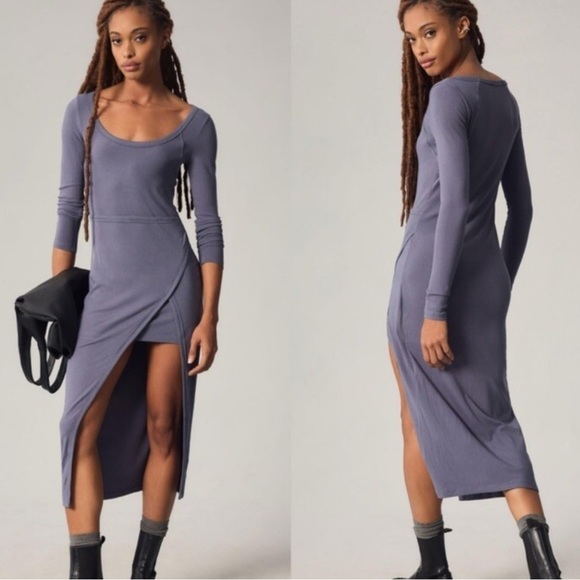 Anthropologie Daily Practice Faux Wrap Midi Dress in Steel Blue Ribbed Sz S - Picture 1 of 10